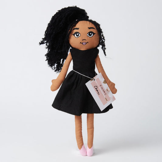 Chaya Inclusive Fabric Doll - Little Black dress – Soft Cloth Doll Celebrating Diversity
